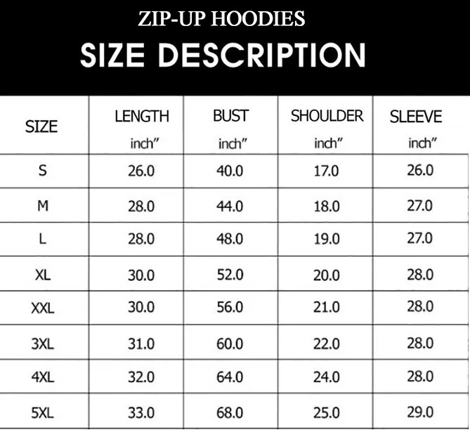 Zip Up Hoodie sizechart 2022 Zip Up Hoodie sizechart 2022