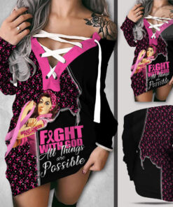 Breast Cancer Awareness Woman Right 3D Off Shoulder Deep V Neck Lace Up Long Sleeve Pullover