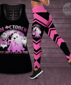 In October Even Ghost Wear Pink Breast Cancer Awareness 3D Hollow Tank Top Leggings