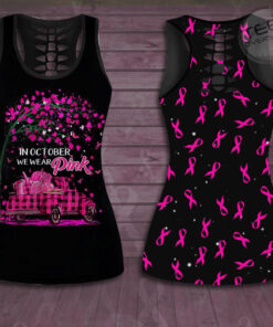 In October We Wear Pink Car Breast Cancer Awareness 3D Hollow Tank Top Leggings 01