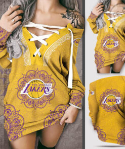FAN designed Los Angeles Lakers LAL NBA Off Shoulder Deep V Neck Lace Up Long Sleeve Pullover