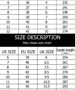 Skate shoes sizechart